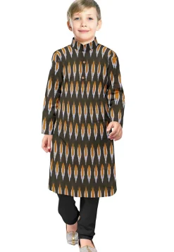 Ikat Woven Cotton Kurta Set in Dark Green