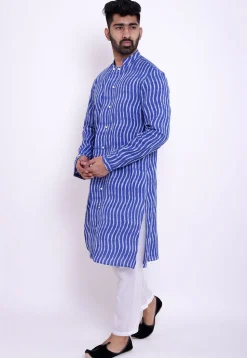 Ikat Woven Cotton Kurta Set in Blue