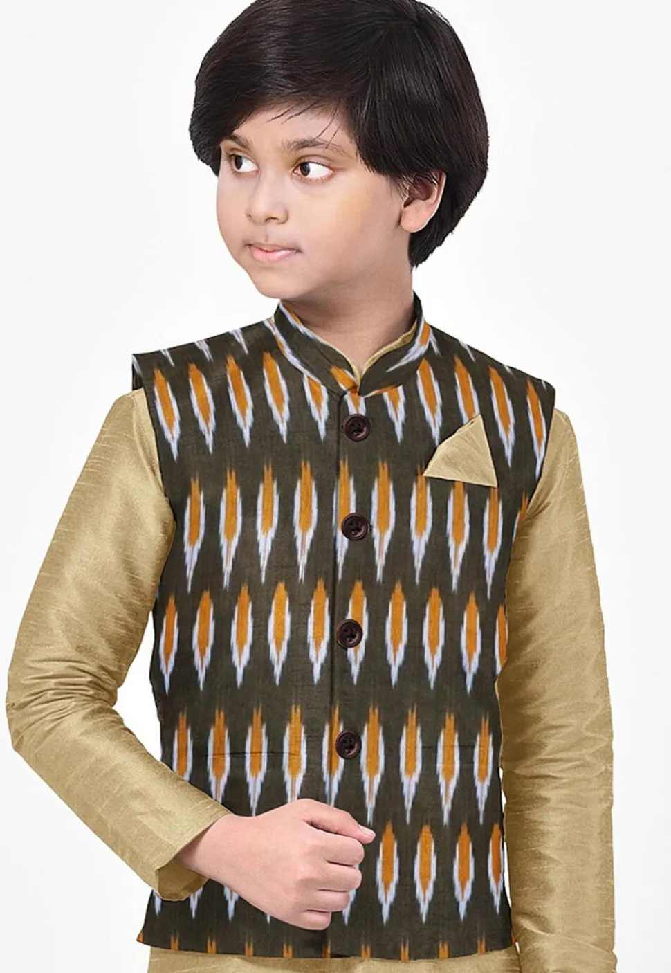 Ikat Woven Cotton Nehru Jacket in Dark Green