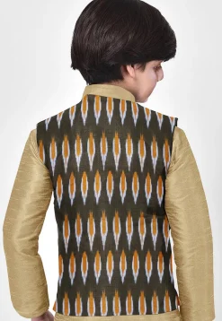 Ikat Woven Cotton Nehru Jacket in Dark Green
