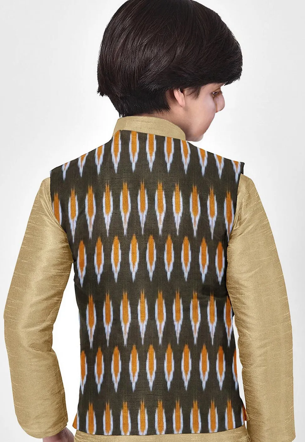 Ikat Woven Cotton Nehru Jacket in Dark Green