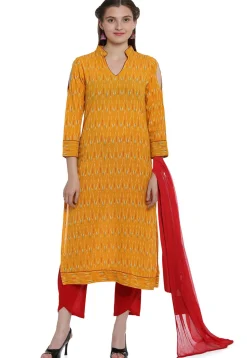Ikat Woven Cotton Pakistani Suit in Mustard