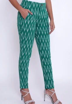 Ikat Woven Cotton Pant in Teal Green