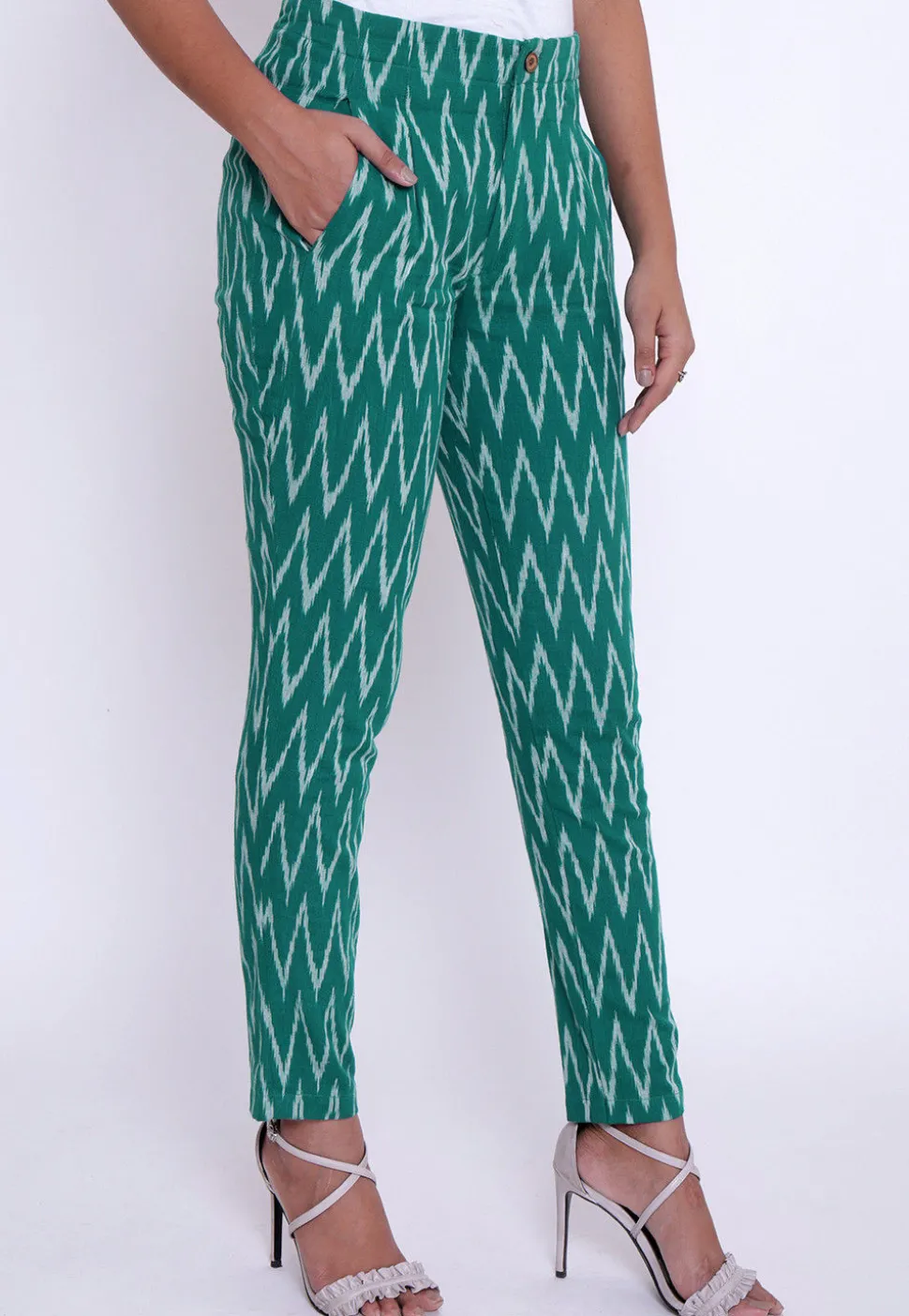Ikat Woven Cotton Pant in Teal Green