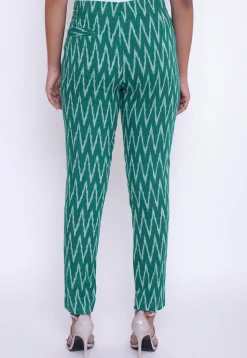 Ikat Woven Cotton Pant in Teal Green