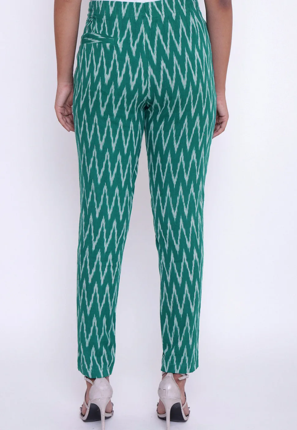 Ikat Woven Cotton Pant in Teal Green