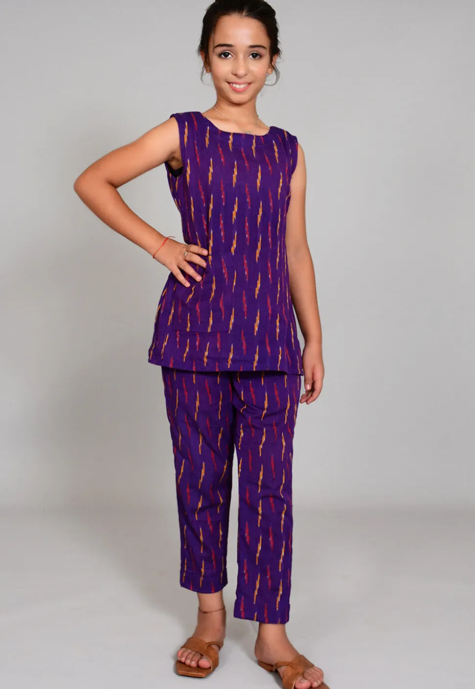 Ikat woven Cotton Short Kurta Set in Purple
