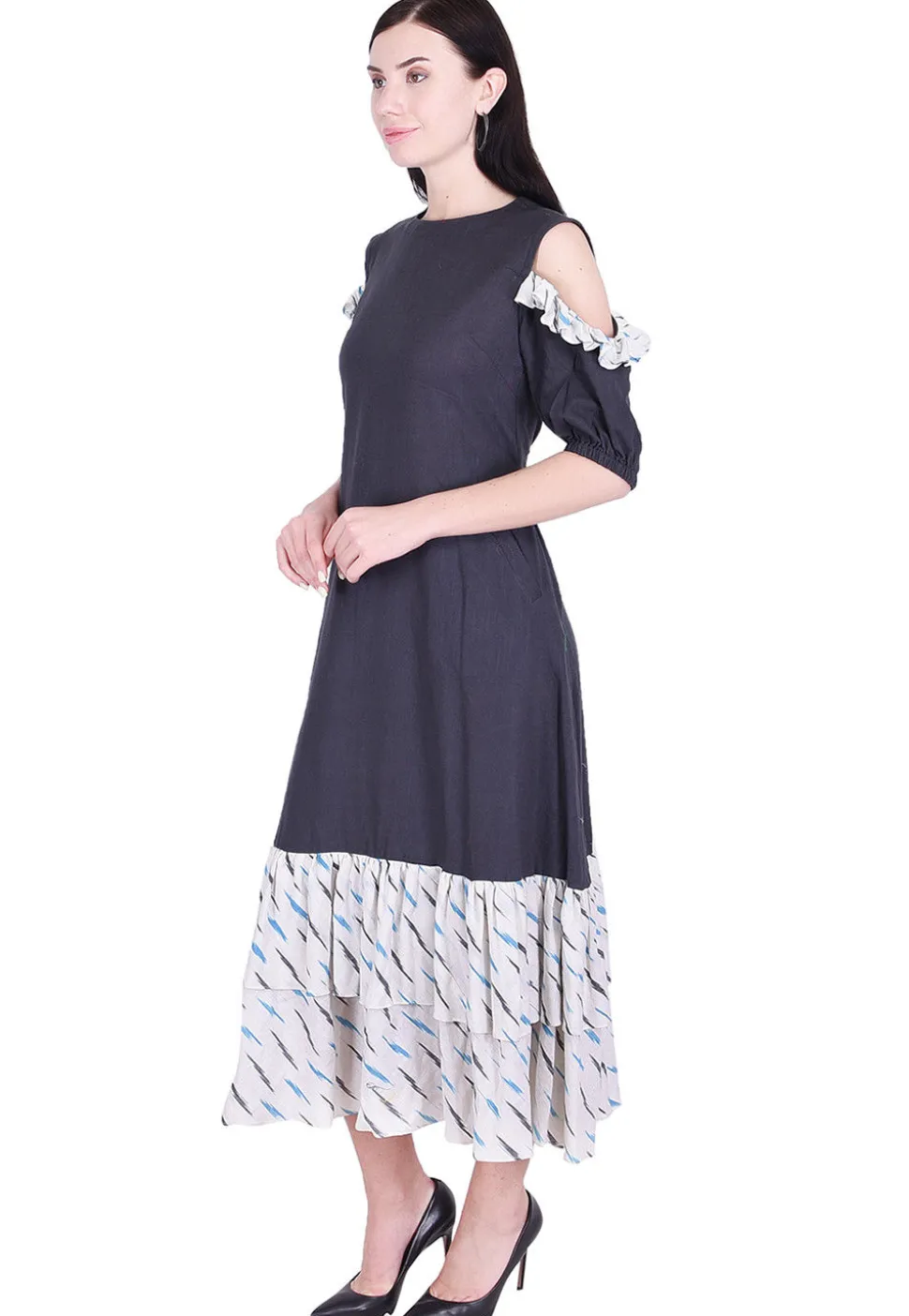 Ikat Woven Cotton Slub Frilled Hem Dress in Dark Grey