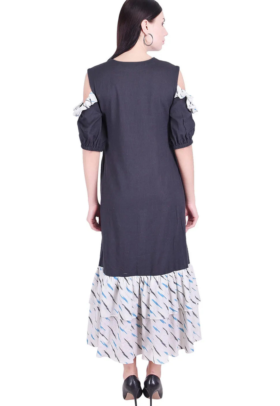 Ikat Woven Cotton Slub Frilled Hem Dress in Dark Grey