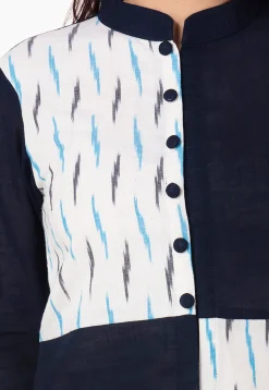 Ikat Woven Cotton Slub Straight Suit in Navy Blue and White