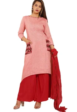 Ikat Woven Linen Cotton Pakistani Suit in Pink
