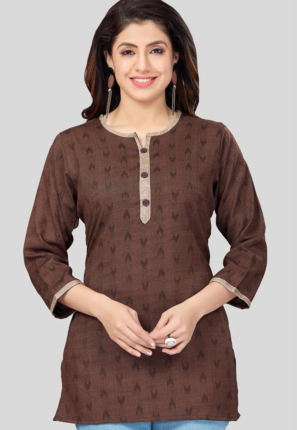 Ikat Woven Rayon Straight Kurti in Brown