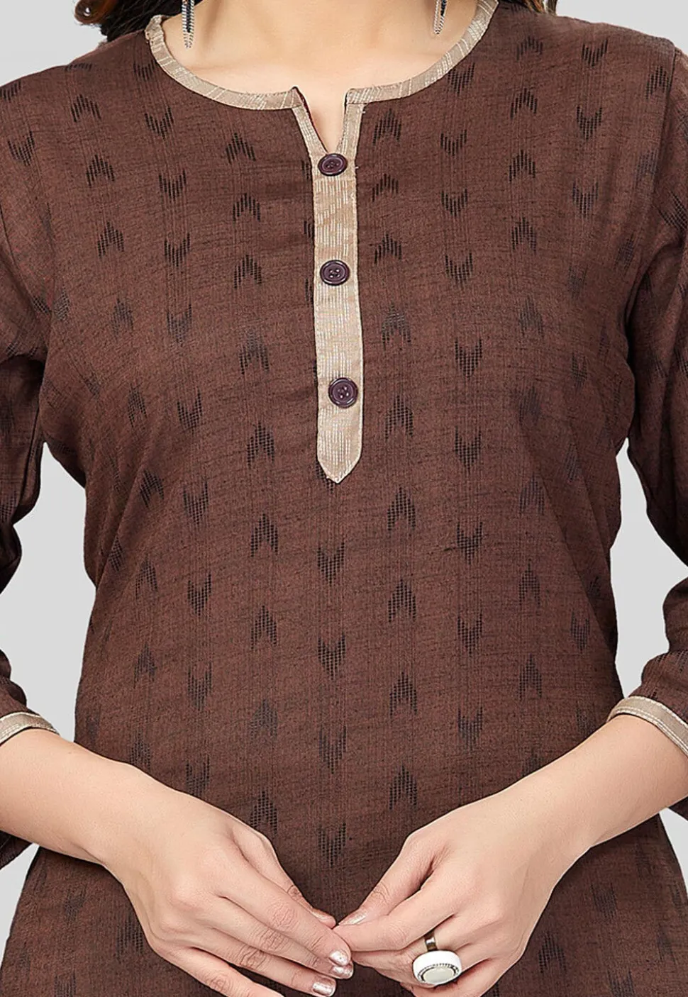Ikat Woven Rayon Straight Kurti in Brown