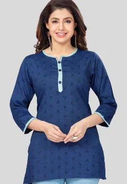 Ikat Woven Rayon Straight Kurti in Navy Blue