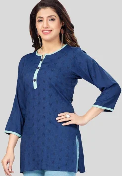 Ikat Woven Rayon Straight Kurti in Navy Blue