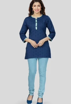 Ikat Woven Rayon Straight Kurti in Navy Blue