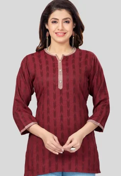 Ikat Woven Rayon Straight Kurti in Maroon