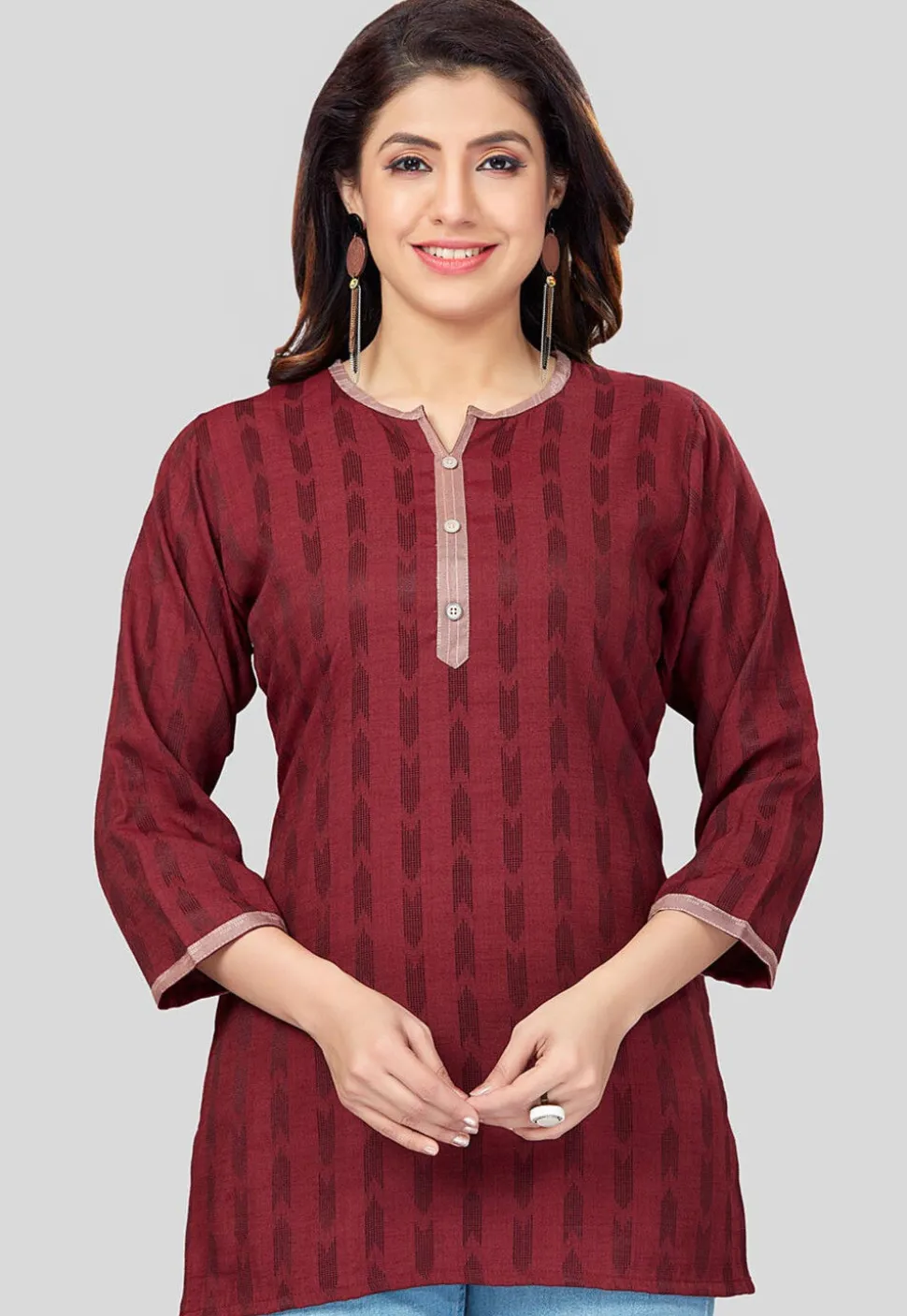 Ikat Woven Rayon Straight Kurti in Maroon