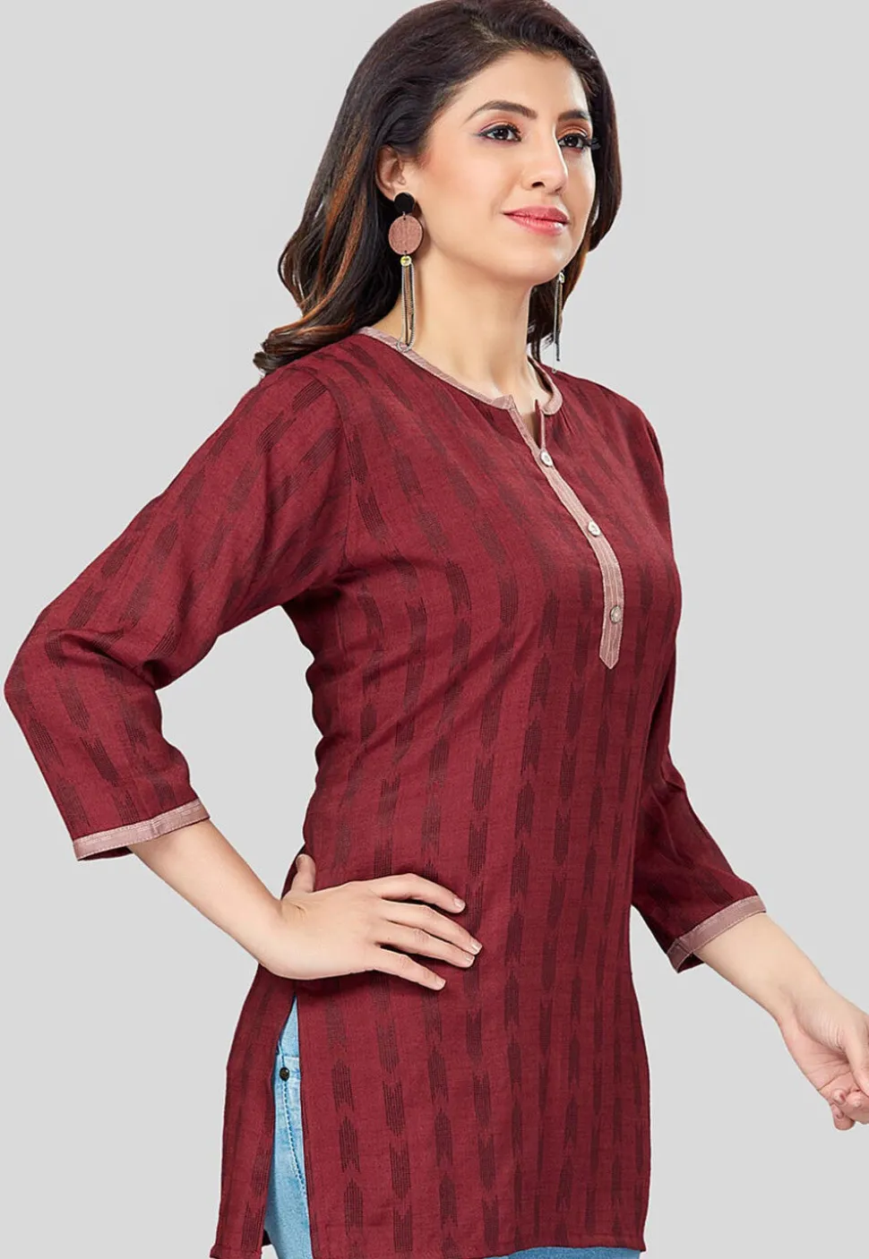 Ikat Woven Rayon Straight Kurti in Maroon