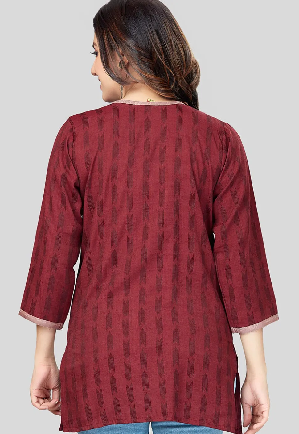 Ikat Woven Rayon Straight Kurti in Maroon