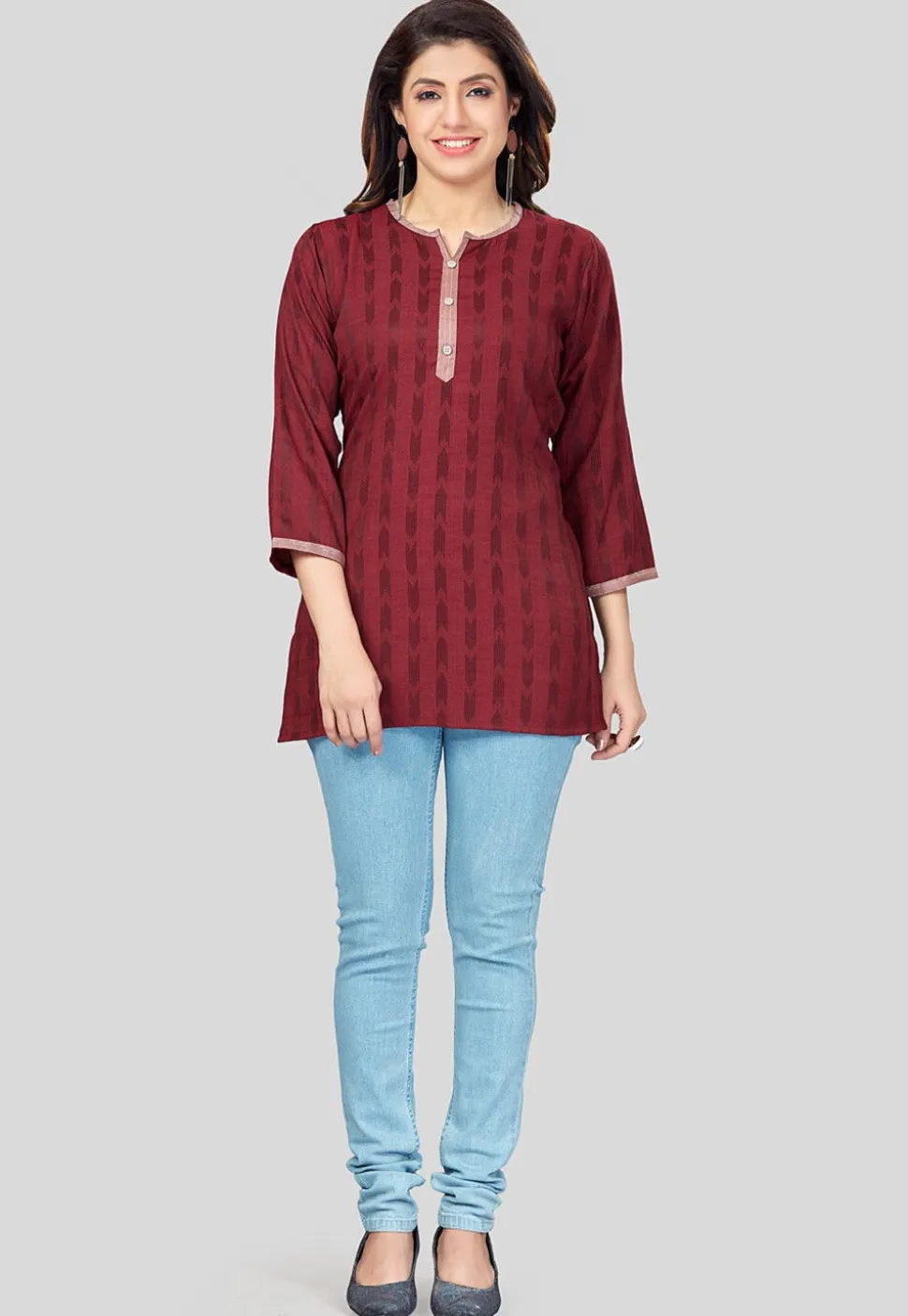 Ikat Woven Rayon Straight Kurti in Maroon