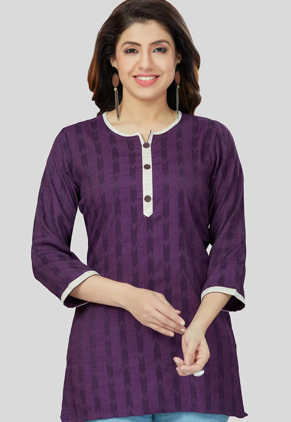 Ikat Woven Rayon Straight Kurti in Purple