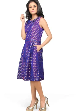 Jacquard Chanderi Silk A Line Dress in Royal Blue