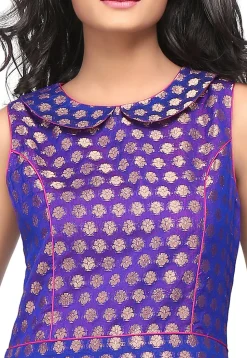 Jacquard Chanderi Silk A Line Dress in Royal Blue