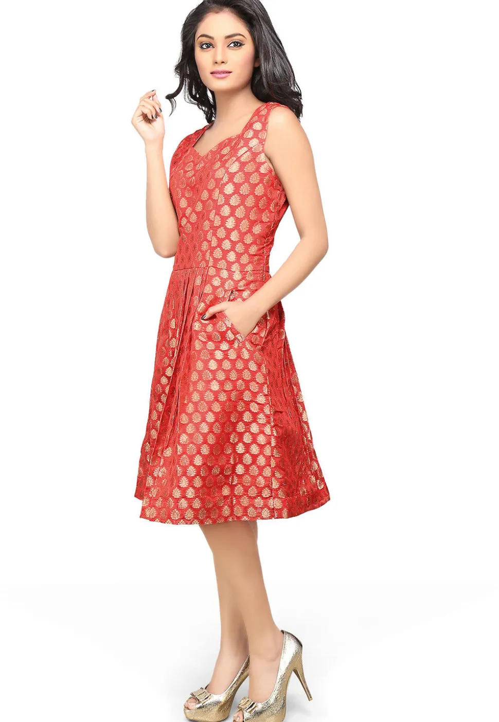 Jacquard Chanderi Silk Jacquard A Line Dress in Red