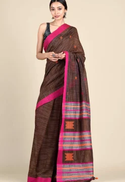 Jamdani Cotton Saree in Dark Brown