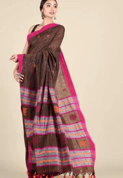 Jamdani Cotton Saree in Dark Brown