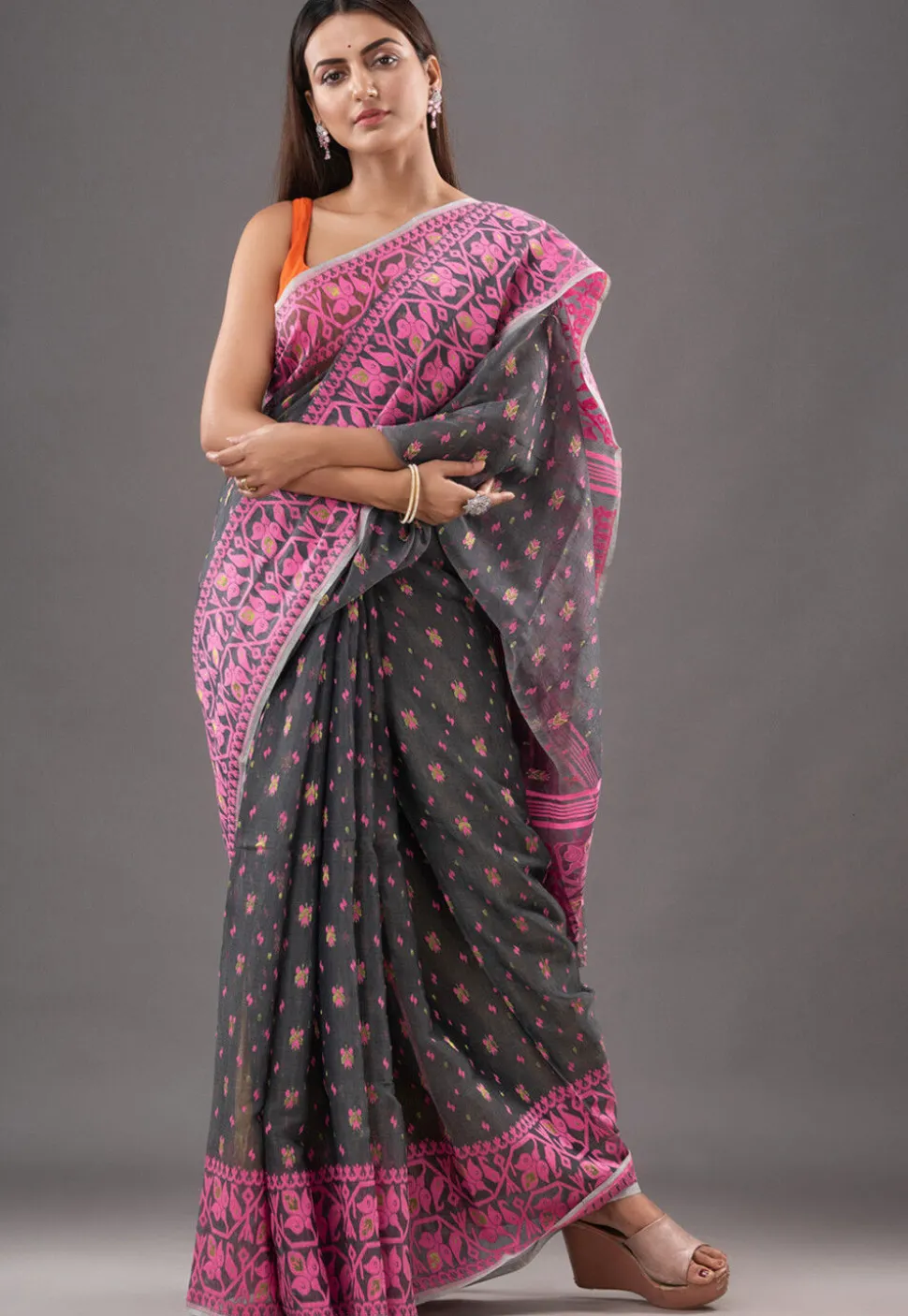 Jamdani Cotton Silk Saree in Grey