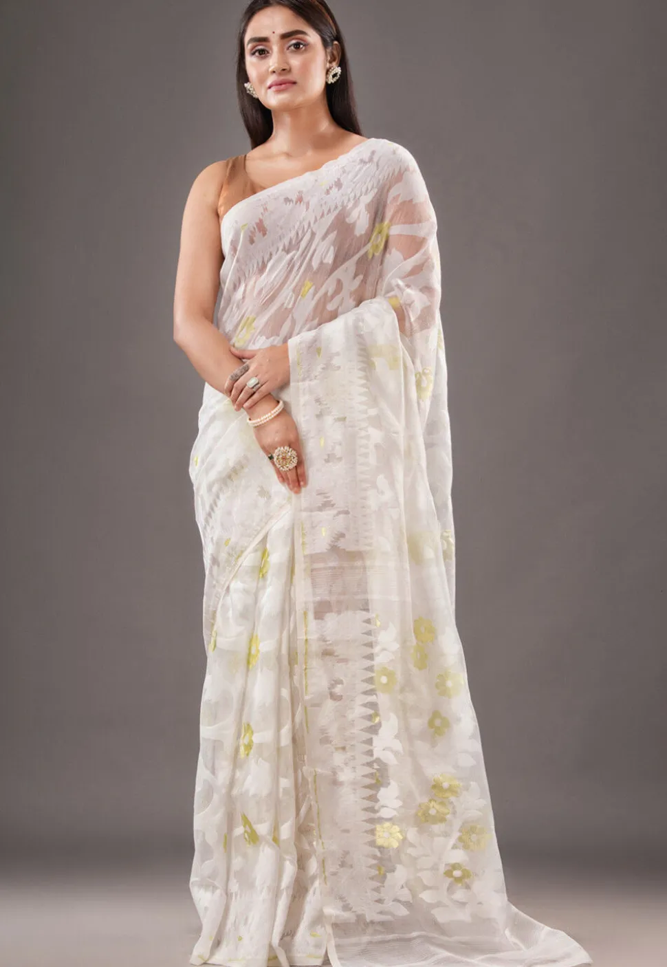 Jamdani Cotton Silk Saree in White