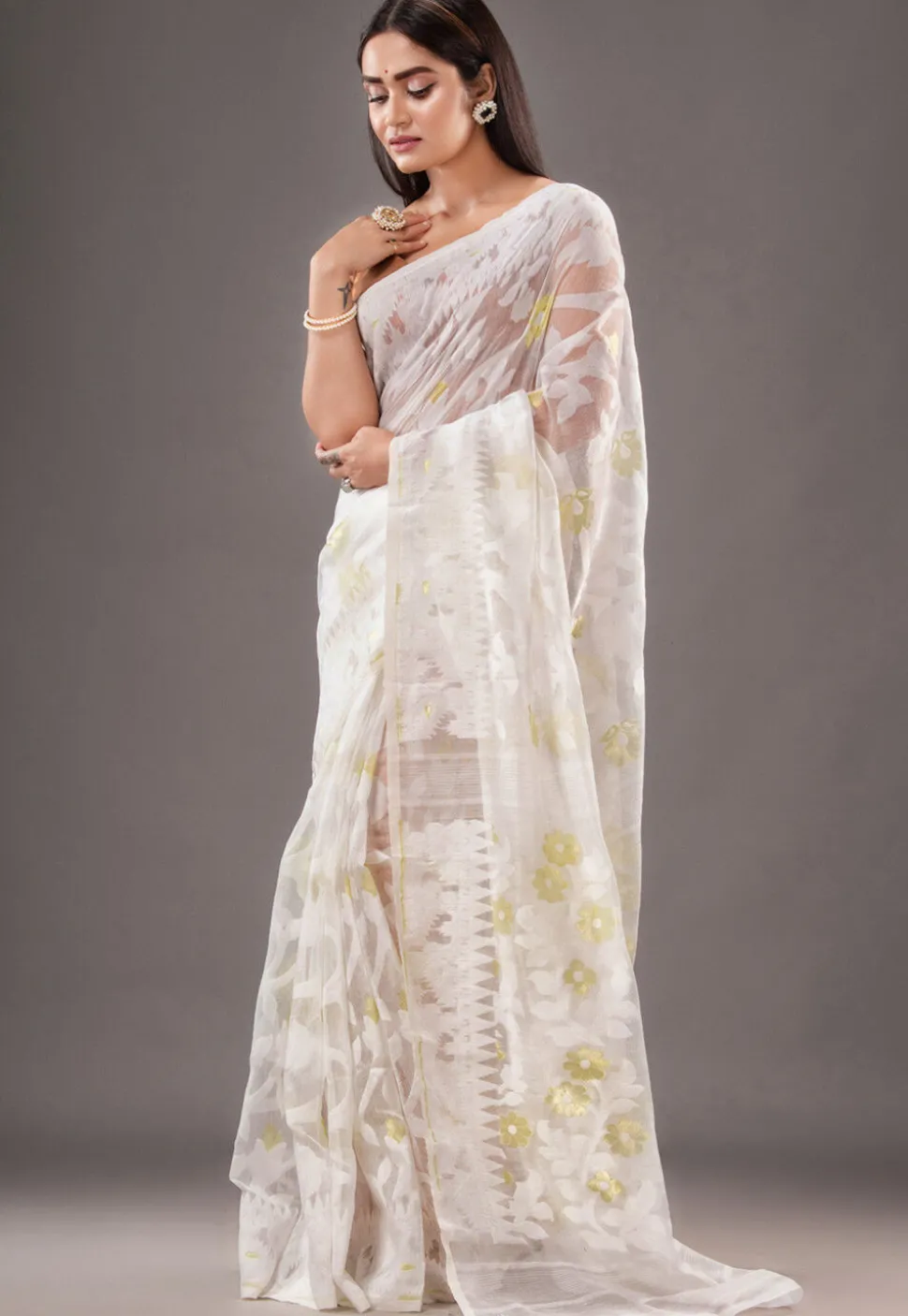 Jamdani Cotton Silk Saree in White