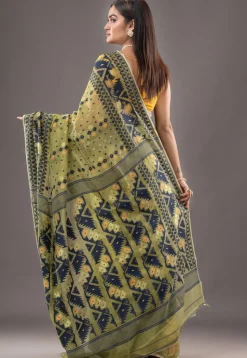 Jamdani Cotton Silk Saree in Olive Green