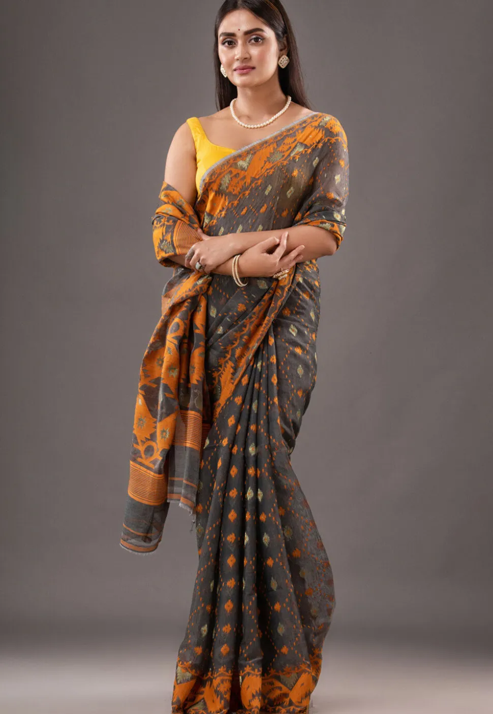 Jamdani Cotton Silk Saree in Grey