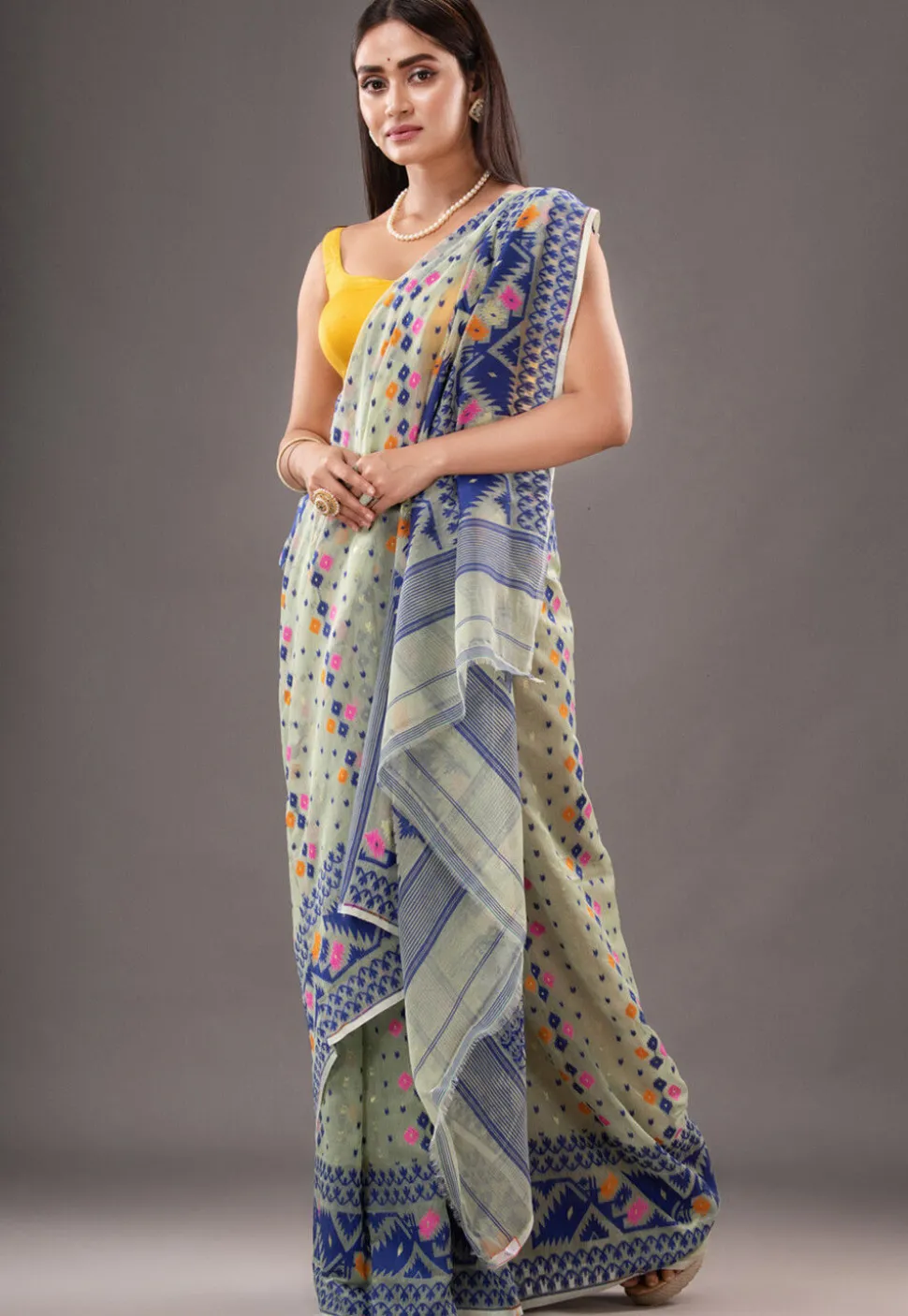 Jamdani Cotton Silk Saree in Light Green