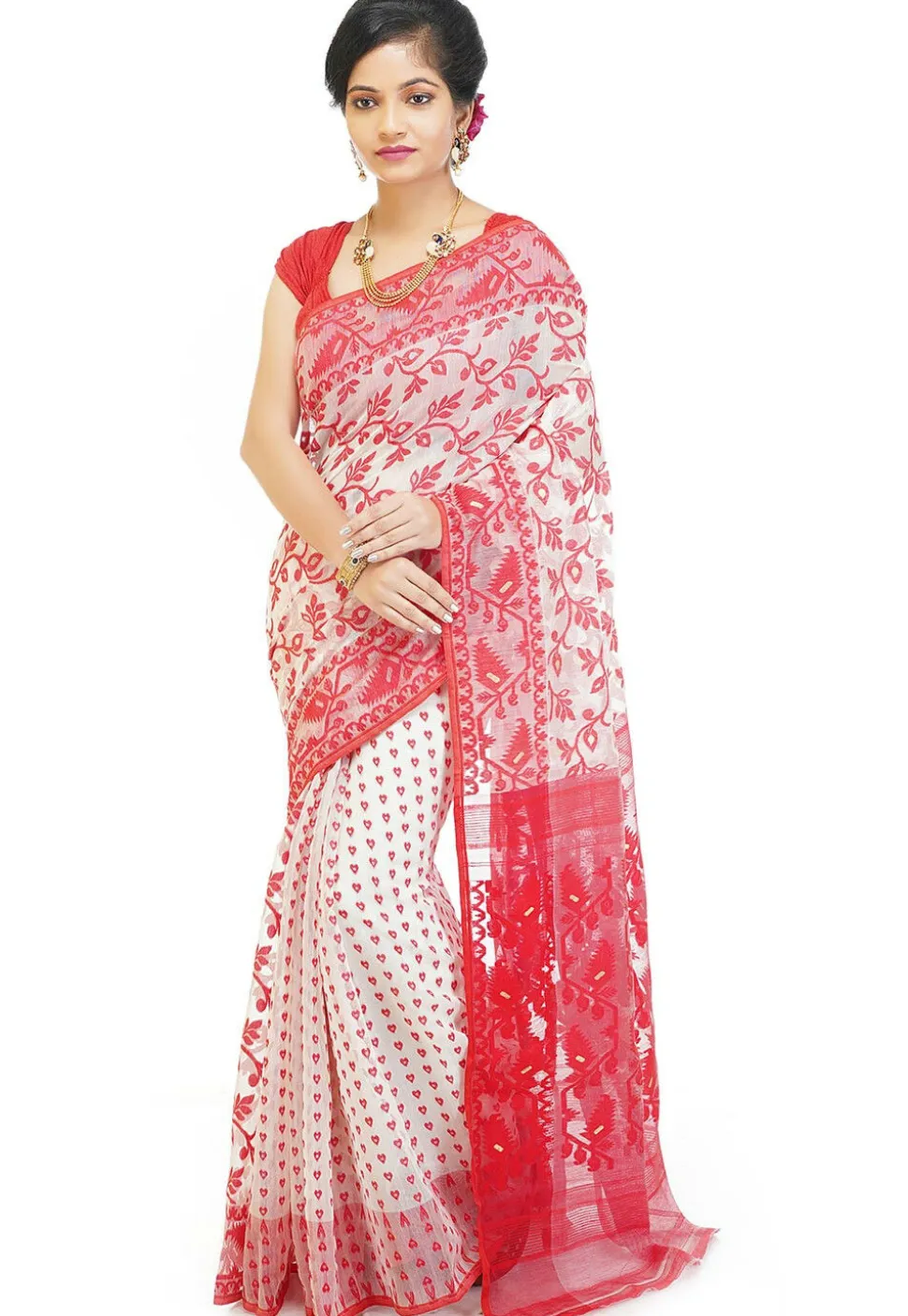 Jamdani Cotton Silk Saree in White and Red