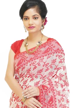 Jamdani Cotton Silk Saree in White and Red