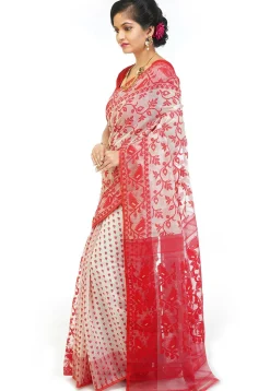 Jamdani Cotton Silk Saree in White and Red