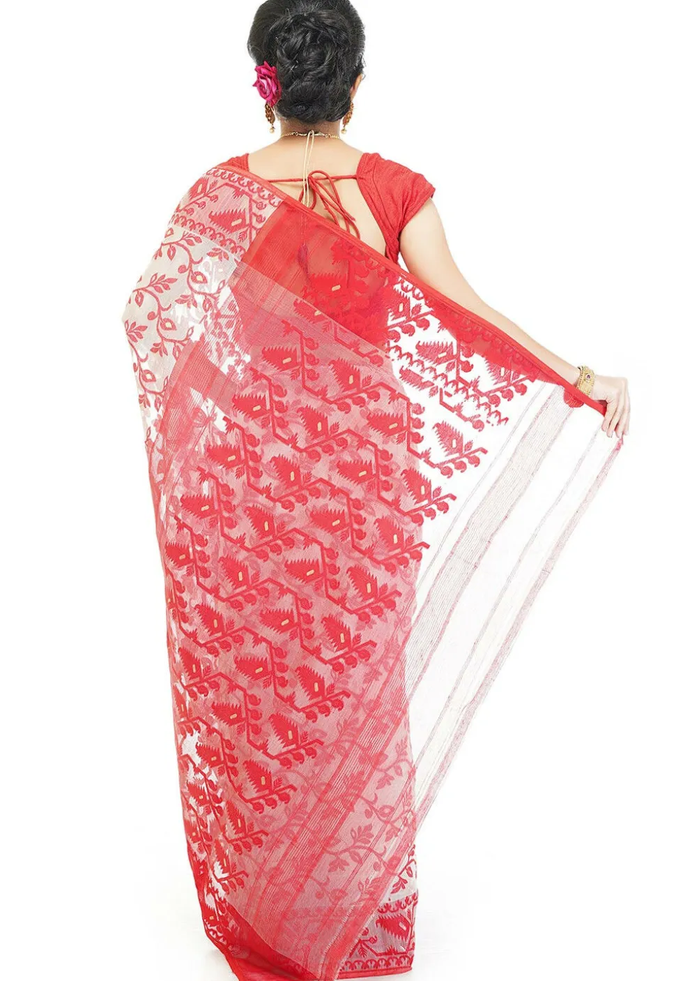 Jamdani Cotton Silk Saree in White and Red