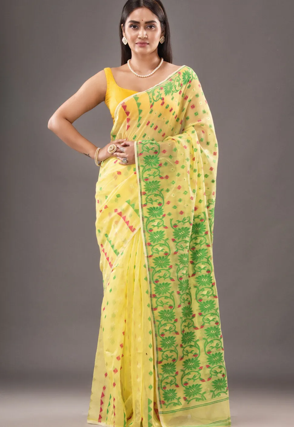 Jamdani Cotton Silk Saree in Yellow