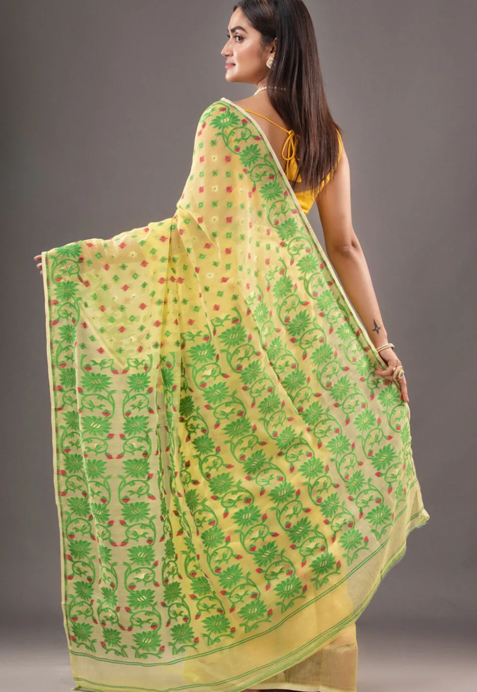 Jamdani Cotton Silk Saree in Yellow