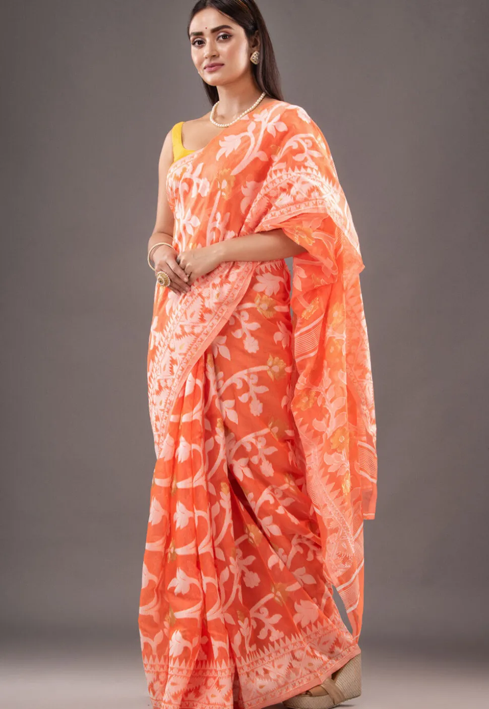 Jamdani Cotton Silk Saree in Orange
