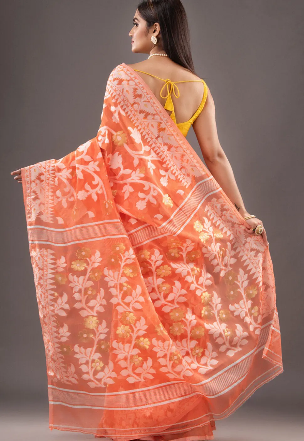 Jamdani Cotton Silk Saree in Orange