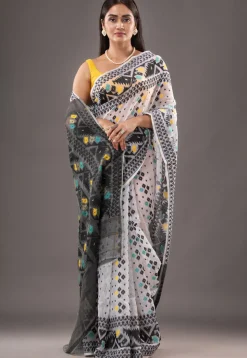 Jamdani Cotton Silk Saree in White