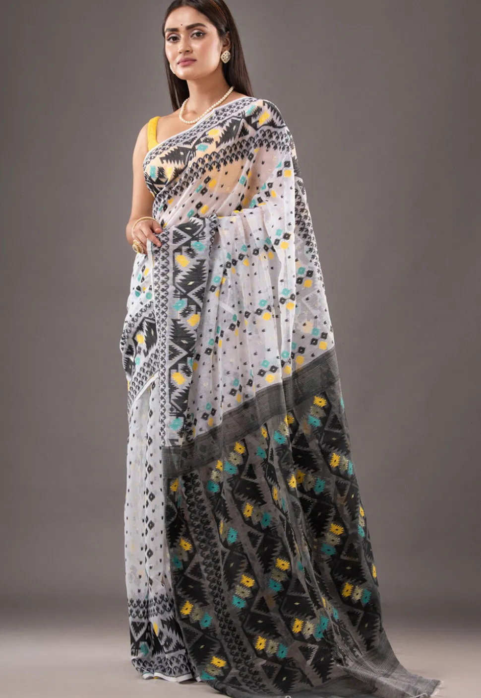 Jamdani Cotton Silk Saree in White