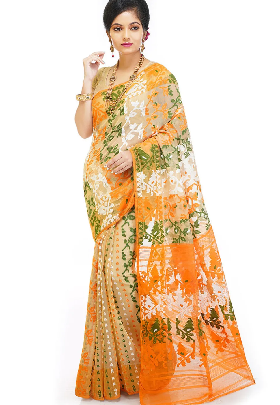 Jamdani Cotton Silk Saree in Light Beige and Multicolor