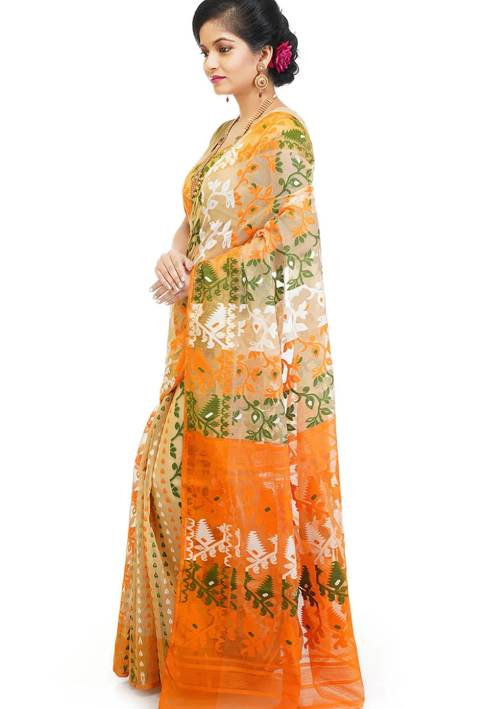 Jamdani Cotton Silk Saree in Light Beige and Multicolor