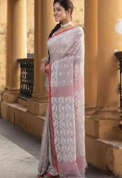 Jamdani Pure Cotton Saree in Light Fawn